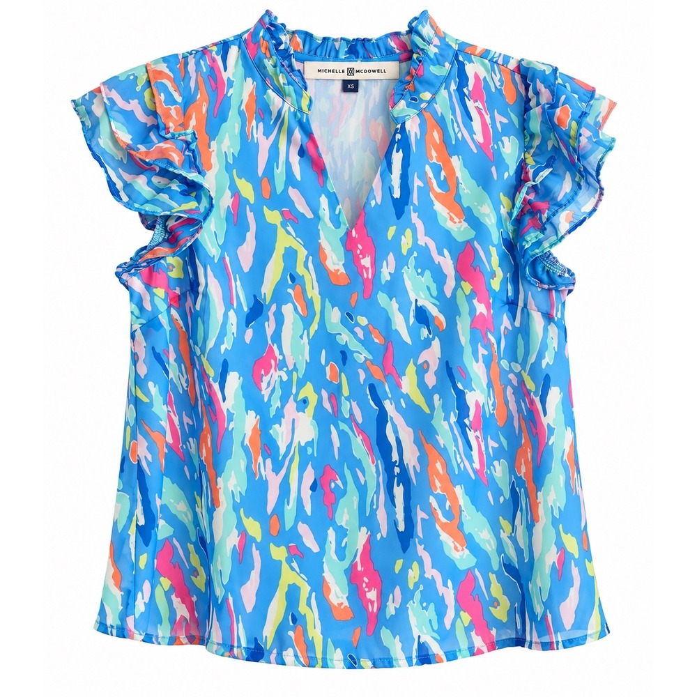 Michelle McDowell Marley Top XS NWT Tiger Tail Ruffle Sleeve Blouse Blue